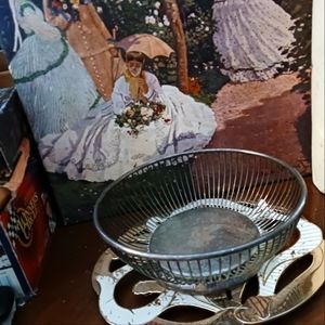 🎋VTG Italian Silver Metal Wire Basket 🧺🍇🍅🍾Size 8"×3.5",Nice Gift.🎁 🥐🌶🍍